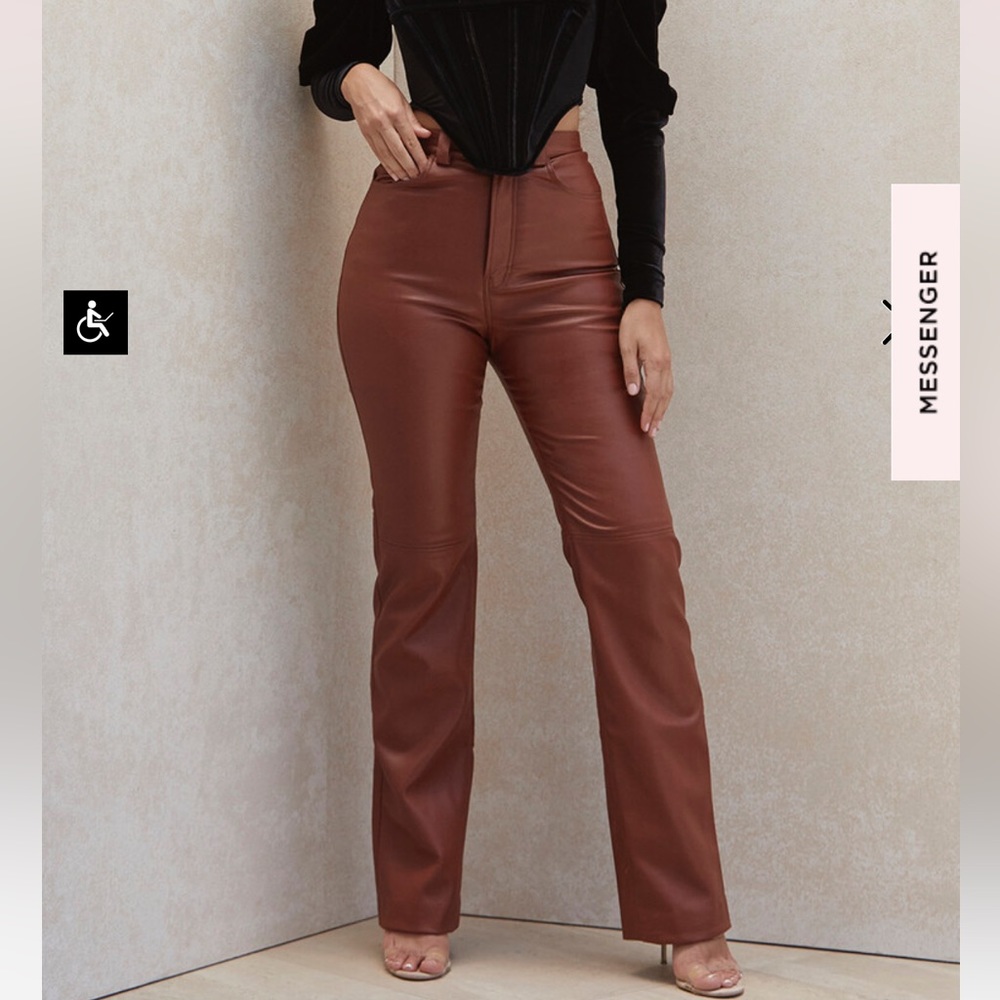 INAYA TAN STRETCH VEGAN LEATHER TROUSERS